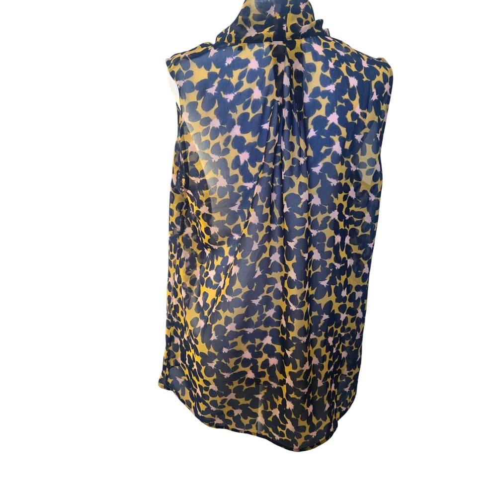 Cabi 3790 Sleeveless Tie Neck Blouse Yellow Navy Abstract Floral Chiffon Top M - Picture 2 of 7